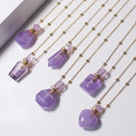 Amethyst Crystal Potion Bottle Necklace with Gold Chain